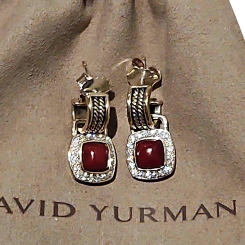 David Yurman Carnelian Red  Paved Diamond Silver Hoop Earings